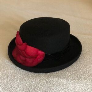Elegant Black Hat with Red Floral & Black Velvet Accent! Vintage!